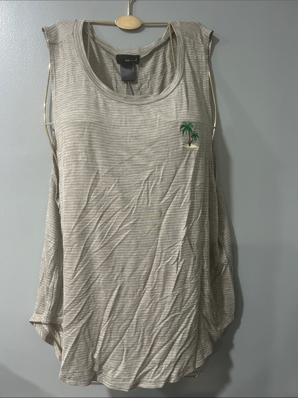 Wet Seal Cream Striped Tank with Palm Embroidery